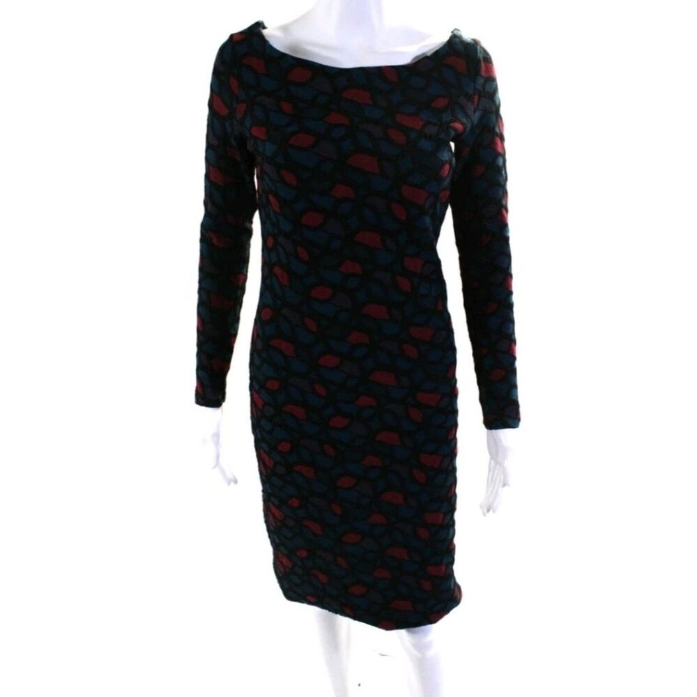 Nadya Toto Geometric Long Sleeved Boat Neck Pencil Dress Blue Red Size Small